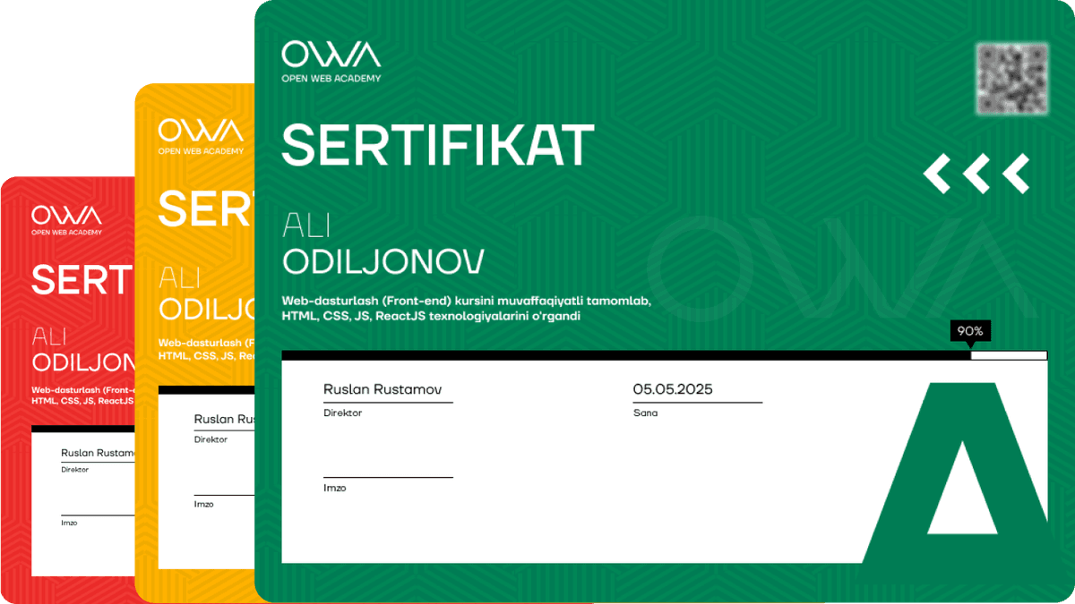 Open Web Academy sertifikatlari namunasi