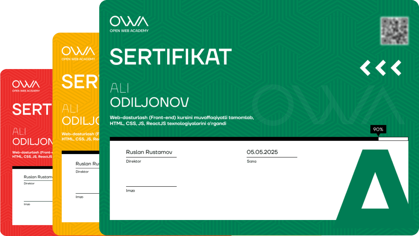 Open Web Academy sertifikatlari namunasi